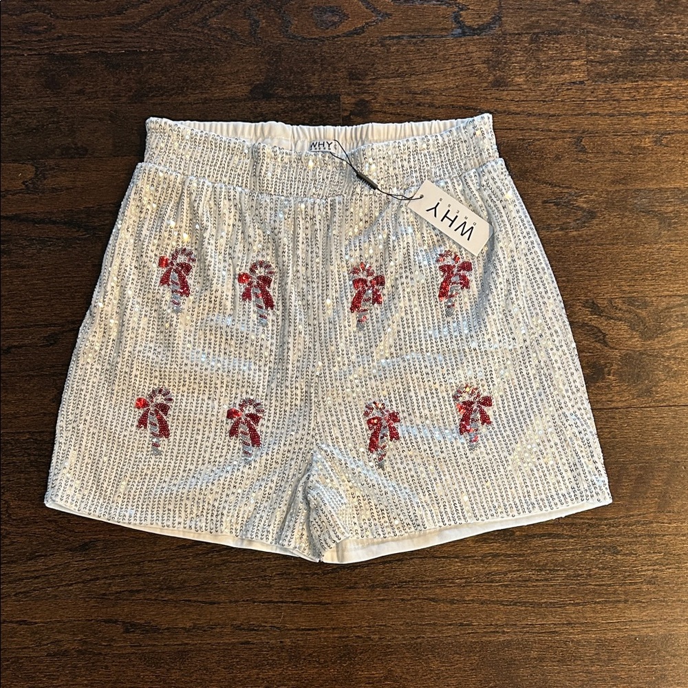 NWT Why Dress Women’s Sequin Embellished White Candy Cane Shorts Size Large